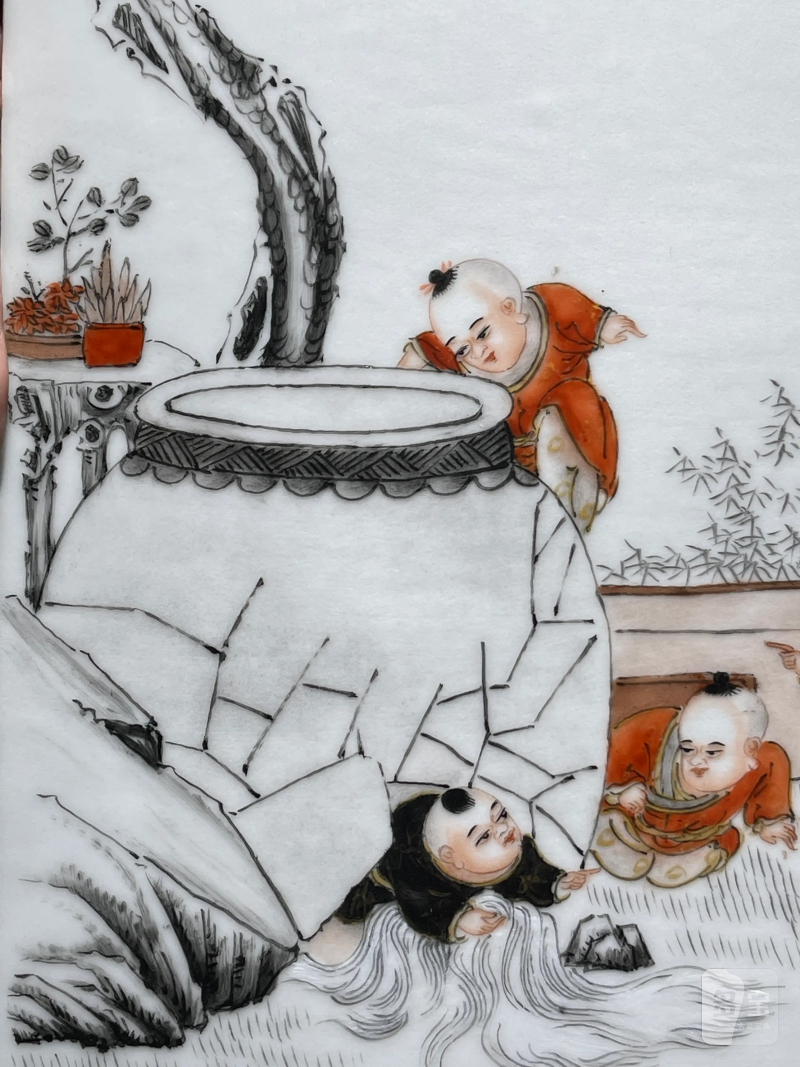 1949年 雷火莲画粉彩婴戏纹瓷板 - 图4